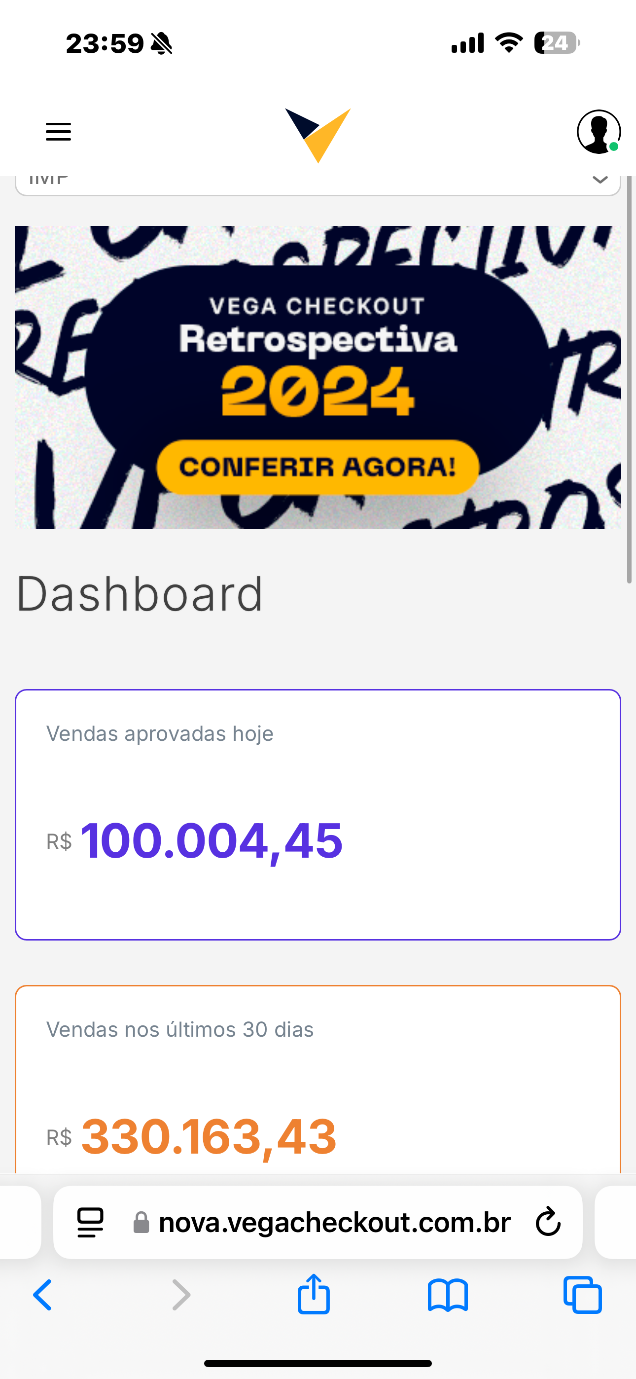 Dashboard de vendas - Mais de R$ 100 mil em vendas aprovadas